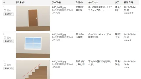 Web ページ（HTML）に書き出した見本。ドア・窓・階段の写真の横に、タイトル・説明・タグが並んでいる